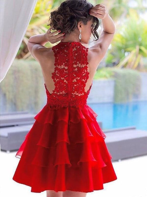 Bridelily A-Line Chiffon Jewel Sleeveless Short With Lace Prom Dresses - Prom Dresses