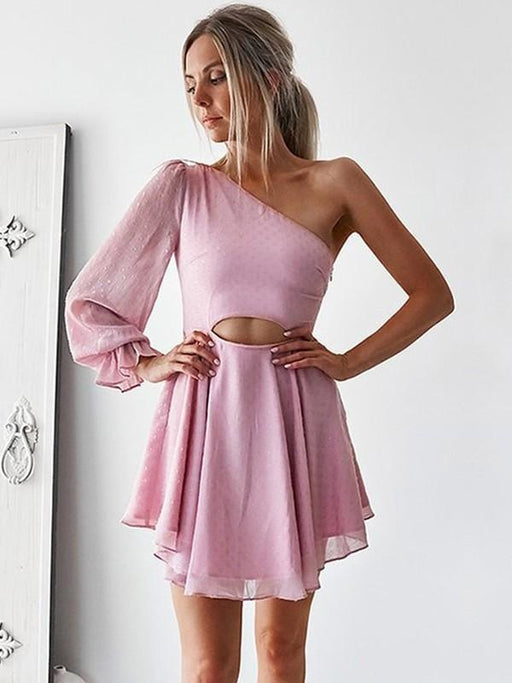 Bridelily A-Line Chiffon One-Shoulder Long Sleeves With Ruffles Short/Mini Dresses - Prom Dresses