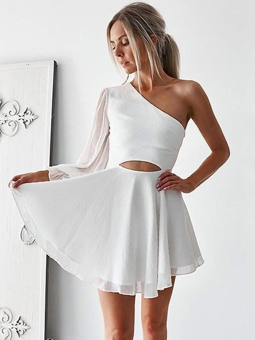 Bridelily A-Line Chiffon One-Shoulder Long Sleeves With Ruffles Short/Mini Dresses - Prom Dresses