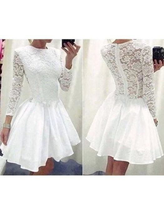 Bridelily A-Line Chiffon Scoop Long Sleeves Short/Mini With Lace Prom Dresses - Prom Dresses