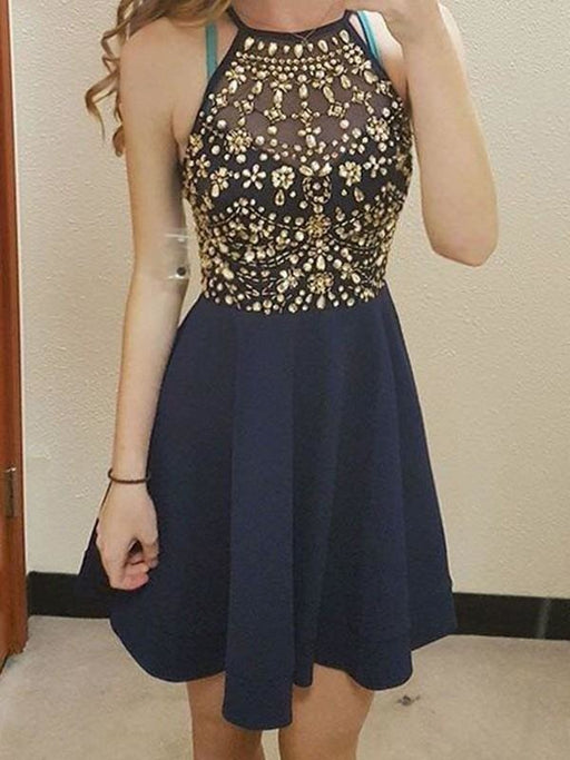 Bridelily A-Line Chiffon Scoop Sleeveless Short/Mini With Beading Prom Dresses - Prom Dresses