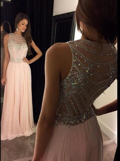 Bridelily A-Line Chiffon Scoop Sleeveless Sweep/Brush Train With Crystal Dresses - Prom Dresses