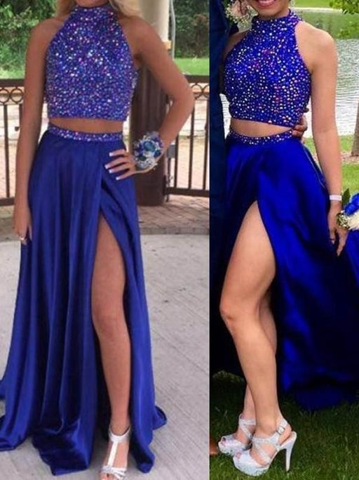 Bridelily A-Line Elastic Woven Satin High Neck Sleeveless Sweep/Brush Train With Beading Two Piece Dresses - Prom Dresses