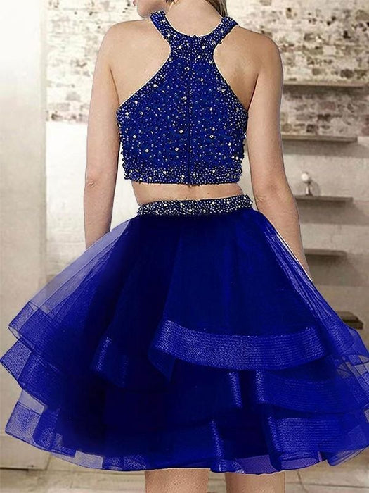 Bridelily A-Line Halter Sleeveless Short/Mini With Beading Organza Dresses - Prom Dresses