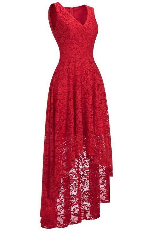 Bridelily A-line Hi-lo V-neck Burgundy Lace Dresses - Red / US 2 - lace dresses