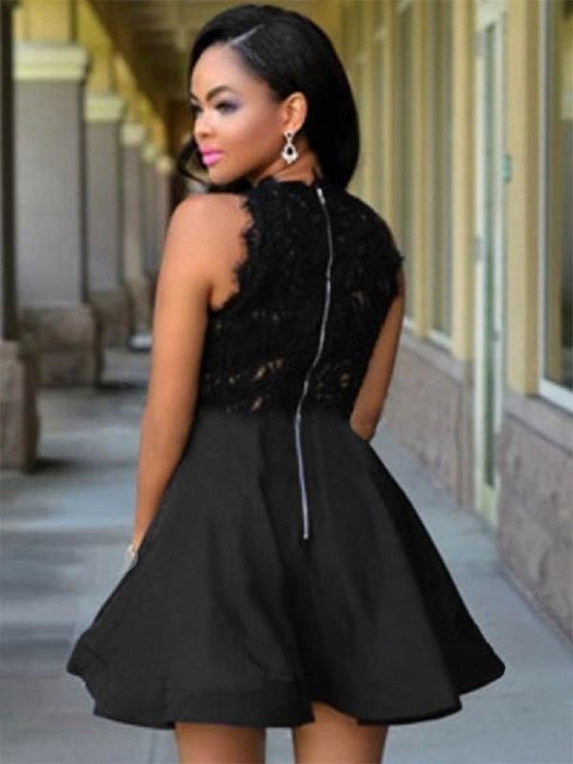Bridelily A-Line Jewel Sleeveless Short/Mini With Lace Satin Dresses - Prom Dresses