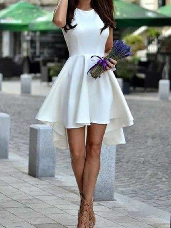 Bridelily A-Line Jewel Sleeveless Short/Mini With Ruffles Satin Dresses - Prom Dresses