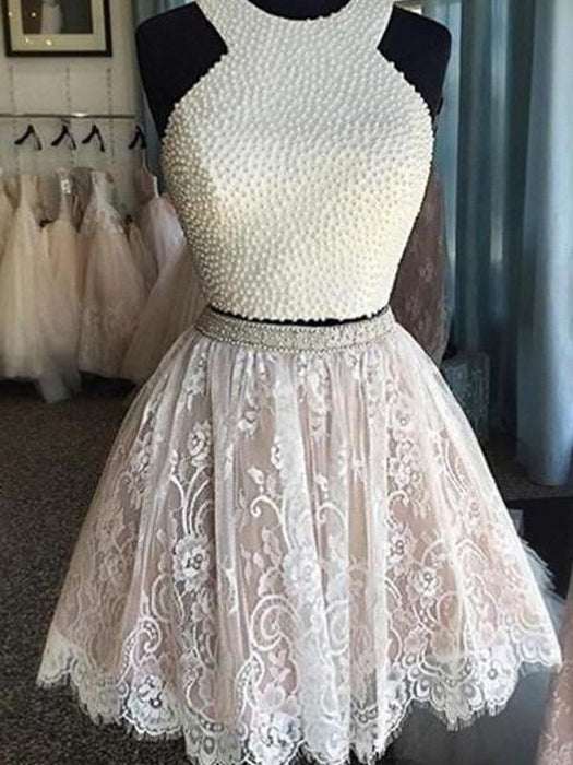 Bridelily A-Line Lace Halter Sleeveless Short/Mini With Pearls Dresses - Prom Dresses