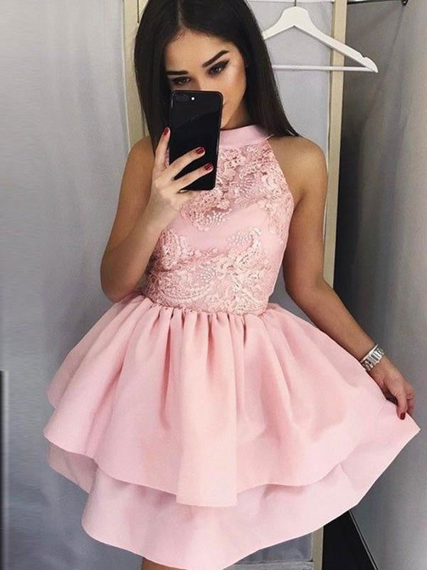 Bridelily A-Line Lace Jewel Sleeveless Satin Short/Mini Dresses - Prom Dresses