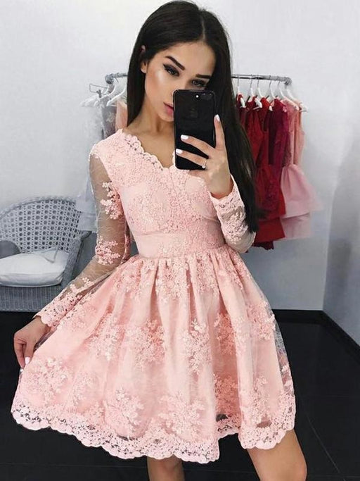 Bridelily A-Line Lace Long Sleeves With Applique V-neck Short/Mini Dresses - Prom Dresses