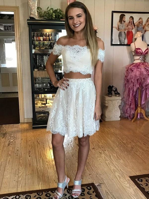 Bridelily A-Line Lace Off-the-Shoulder Sleeveless Short/Mini With Ruffles Dresses - Prom Dresses