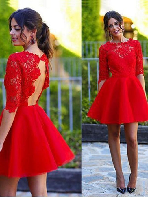 Bridelily A-Line Lace Scoop 1/2 Sleeves Short/Mini With Lace Dresses - Prom Dresses