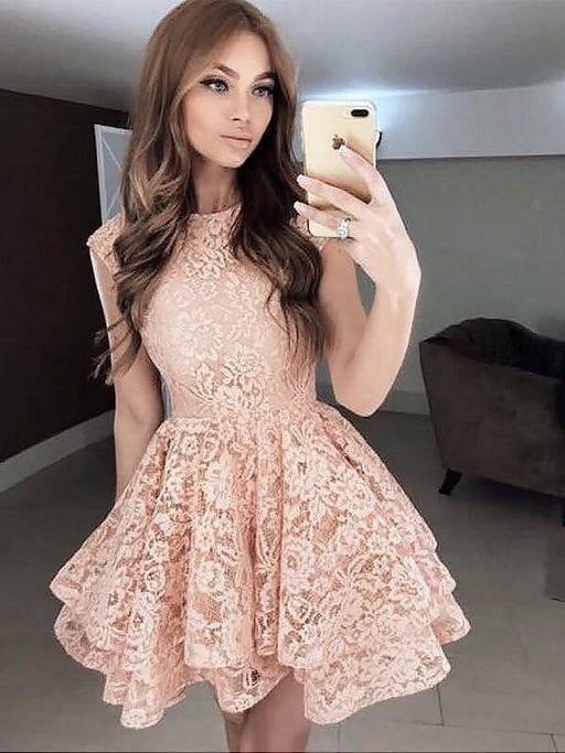 Bridelily A-Line Lace Scoop Sleeveless Short/Mini With Ruffles Dresses - Prom Dresses