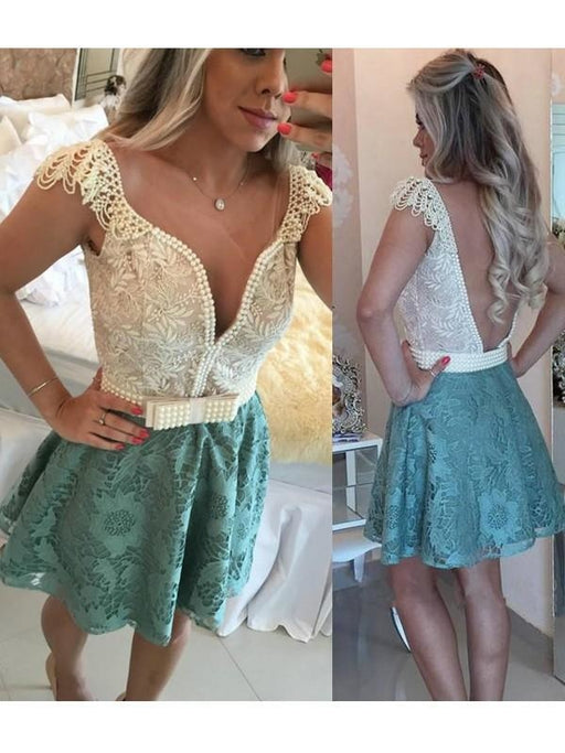 Bridelily A-Line Lace V-neck Sleeveless Short/Mini With Beading Dresses - Prom Dresses