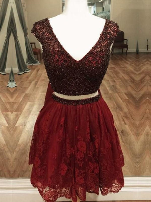 Bridelily A-Line Lace V-neck Sleeveless Short/Mini With Beading Two Piece Dresses - Prom Dresses