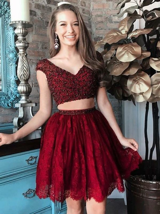 Bridelily A-Line Lace V-neck Sleeveless Short/Mini With Beading Two Piece Dresses - Prom Dresses