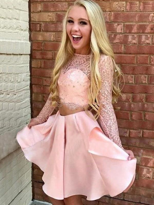 Bridelily A-Line Long Sleeves High Neck Satin With Lace Short/Mini Two Piece Dresses - Prom Dresses