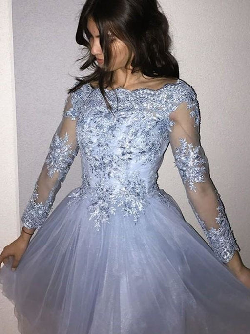 Bridelily A-Line Long Sleeves Off-the-Shoulder Tulle With Applique Short/Mini Dresses - Prom Dresses