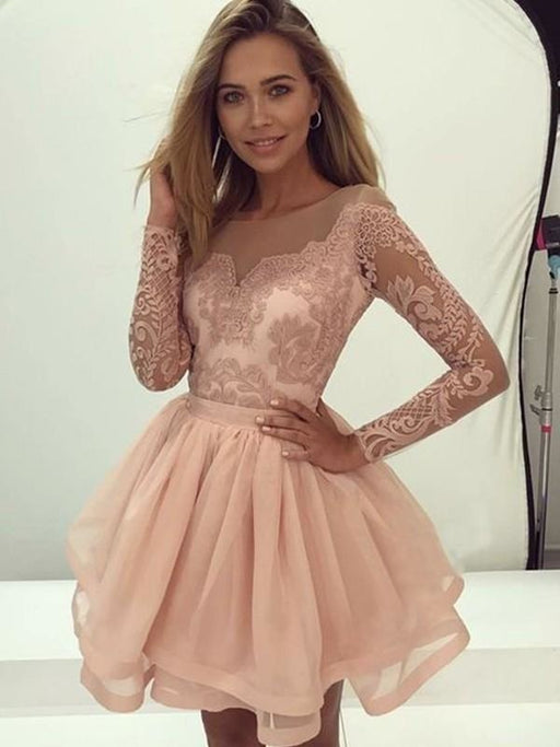Bridelily A-Line Long Sleeves Scoop Organza With Applique Short/Mini Dresses - Prom Dresses