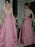 Bridelily A-Line Long Sleeves V-Neck Floor-Length Lace Satin Dresses - Prom Dresses