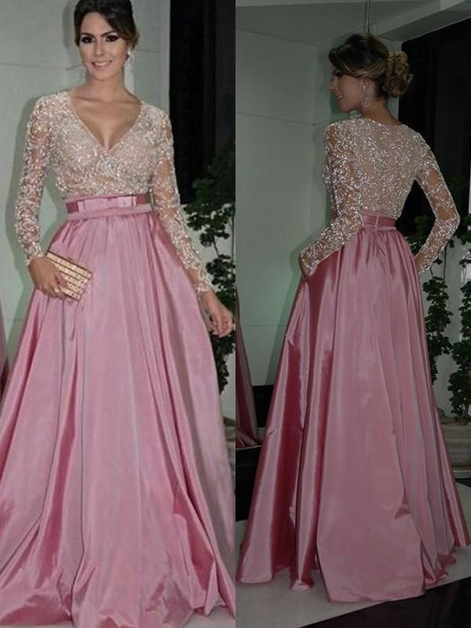 Bridelily A-Line Long Sleeves V-Neck Floor-Length Lace Satin Dresses - Prom Dresses