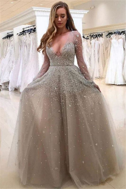 Bridelily A-line Long Sleeves V-neck Floor-length Tulle Pearls Prom Dresses - Prom Dresses