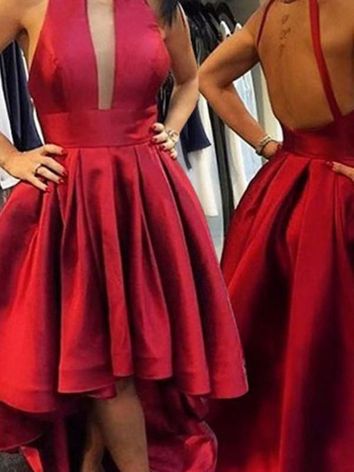 Bridelily A-Line Satin Halter Sleeveless Asymmetrical With Ruffles Dresses - Prom Dresses