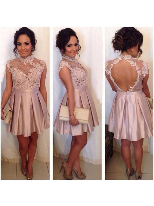Bridelily A-Line Satin High Neck Sleeveless Short/Mini With Lace Prom Dresses - Prom Dresses