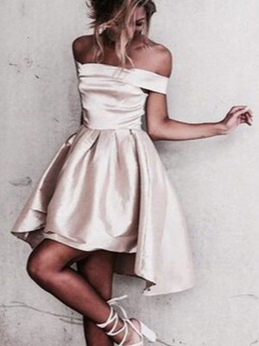 Bridelily A-Line Satin Off-the-Shoulder Sleeveless Short/Mini With Ruffles Dresses - Prom Dresses