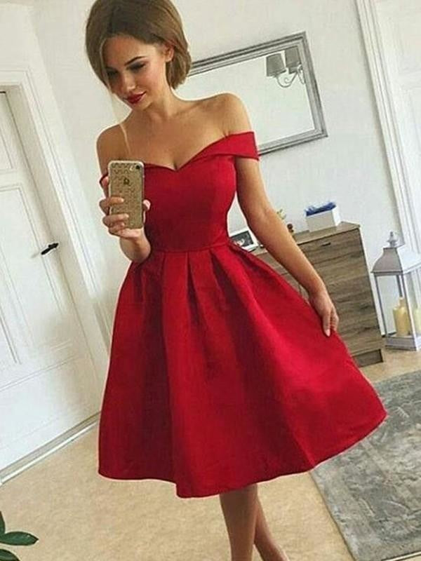 Bridelily A-Line Satin Off-the-Shoulder Sleeveless With Ruched Knee-length Dresses - Prom Dresses