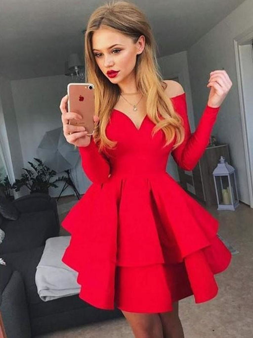 Bridelily A-Line Satin Off-the-Shoulder With Ruffles Long Sleeves Short/Mini Dresses - Prom Dresses