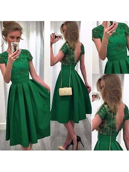 Bridelily A-Line Satin Scoop Short Sleeves Short/Mini With Lace Dresses - Prom Dresses