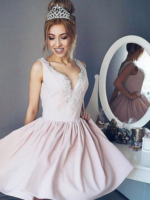 Bridelily A-Line Satin V-neck Sleeveless Short/Mini With Lace Dresses - Prom Dresses