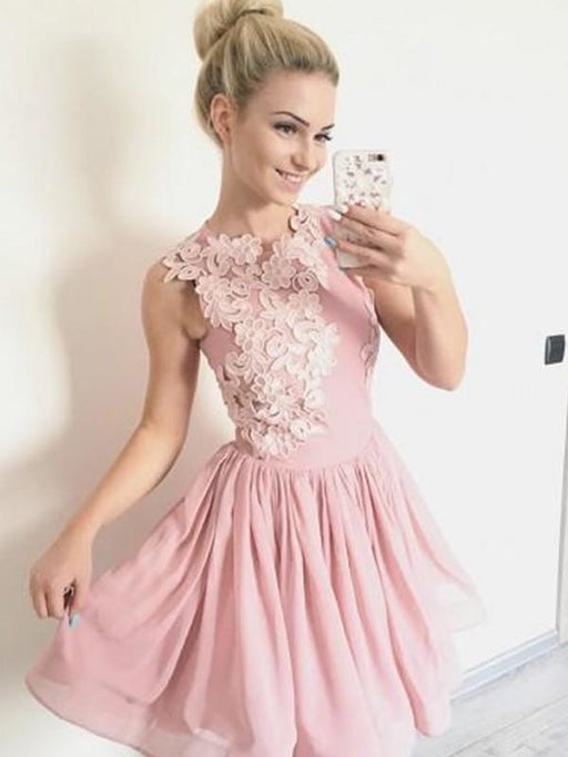 Bridelily A-Line Scoop Sleeveless Chiffon With Applique Short/Mini Dresses - Prom Dresses
