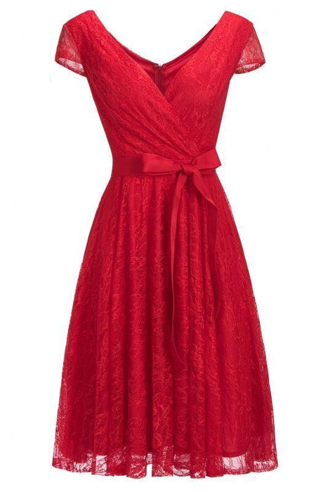 Bridelily A-line Shoet Sleeves V-neck Lace Dresses with Bow Sash - Red / US 2 - lace dresses