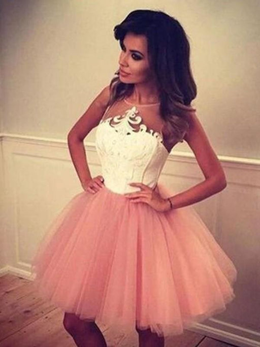 Bridelily A-Line Sleeveless Bateau Tulle With Applique Short/Mini Prom Dresses - Prom Dresses