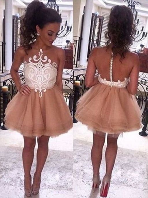 Bridelily A-Line Sleeveless Bateau Tulle With Applique Short/Mini Prom Dresses - Prom Dresses