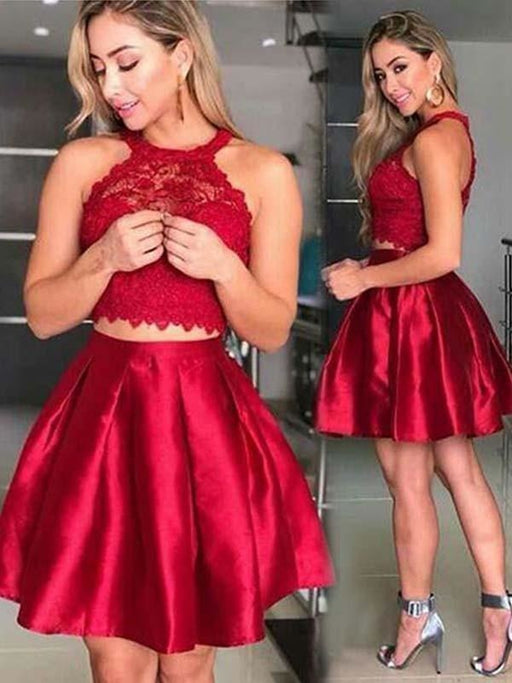 Bridelily A-Line Sleeveless Halter Satin With Lace Short/Mini Two Piece Dresses - Prom Dresses