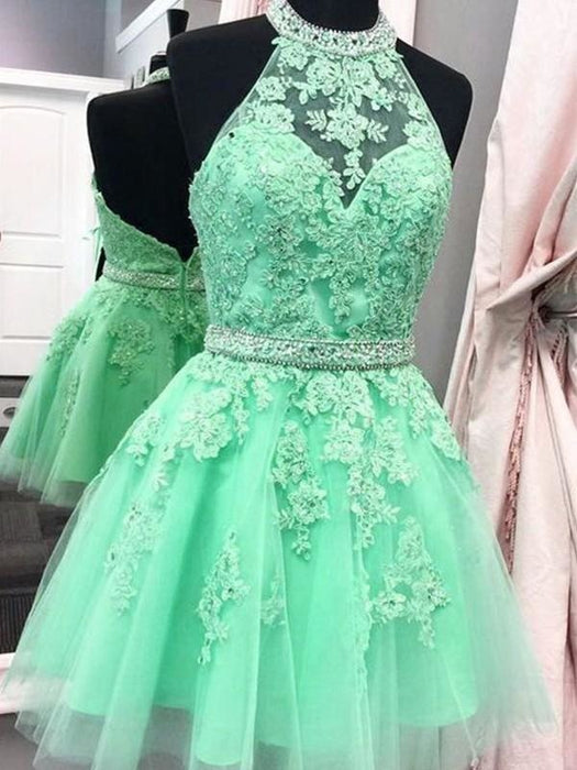 Bridelily A-Line Sleeveless Halter Tulle With Applique Short/Mini Dresses - Prom Dresses
