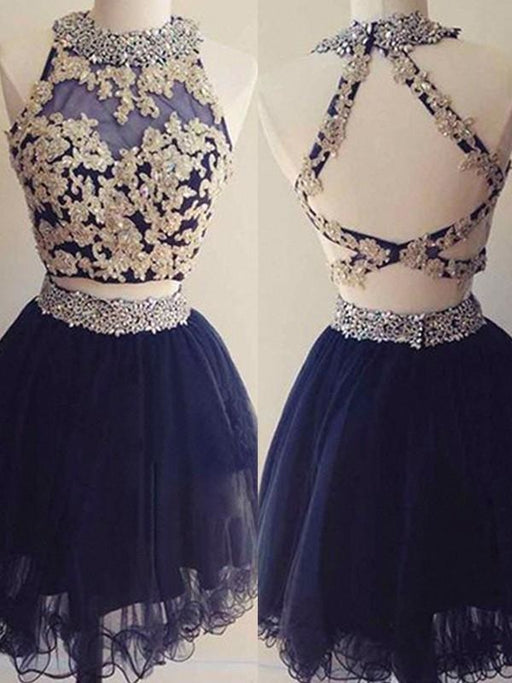 Bridelily A-Line Sleeveless Halter Tulle With Beading Short/Mini Two Piece Dresses - Prom Dresses