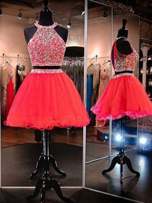 Bridelily A-Line Sleeveless Halter Tulle With Beading Short/Mini Two Piece Prom Dresses - Prom Dresses