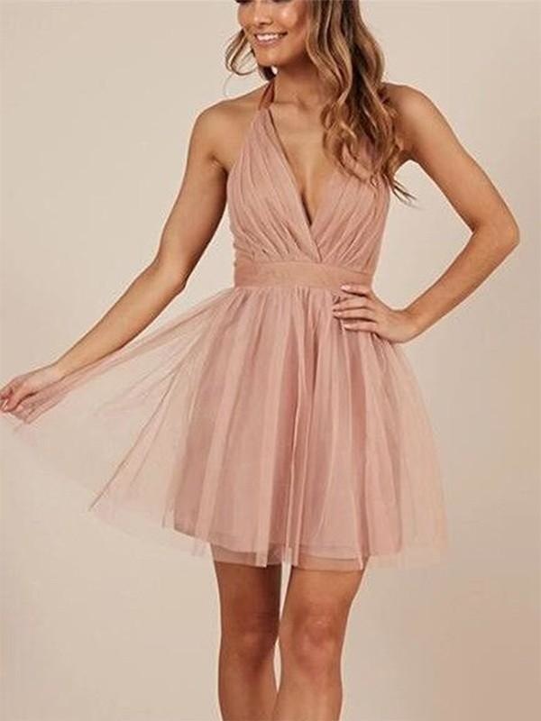 Bridelily A-Line Sleeveless Halter Tulle With Ruffles Short/Mini Dresses - Prom Dresses