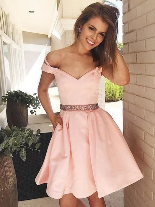 Bridelily A-Line Sleeveless Off-the-Shoulder Satin With Beading Short/Mini Dresses - Prom Dresses