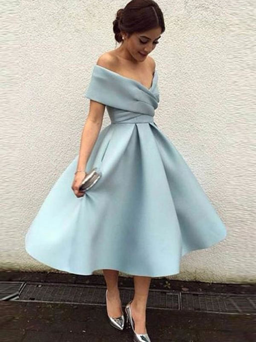 Bridelily A-Line Sleeveless Off-the-Shoulder Satin With Ruffles Tea-Length Dresses - Prom Dresses