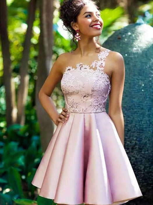 Bridelily A-Line Sleeveless One-Shoulder Satin With Applique Short/Mini Dresses - Prom Dresses