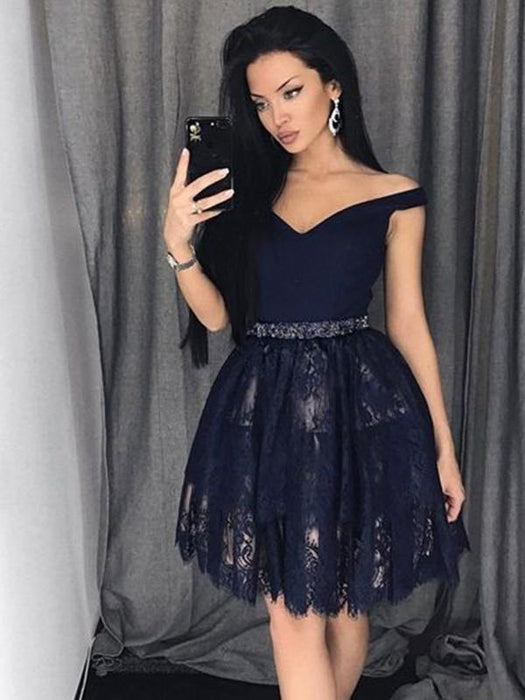 Bridelily A-Line Sleeveless Satin Lace Off-the-Shoulder With Beading Short/Mini Dresses - Prom Dresses