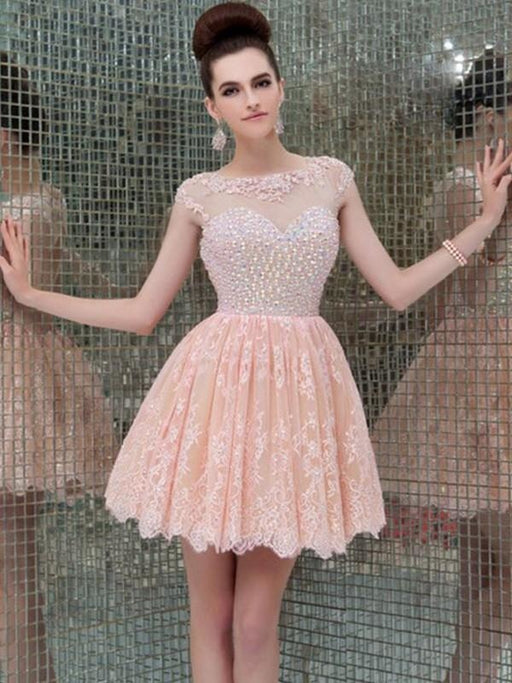 Bridelily A-Line Sleeveless Scoop Lace With Beading Short/Mini Dresses - Prom Dresses