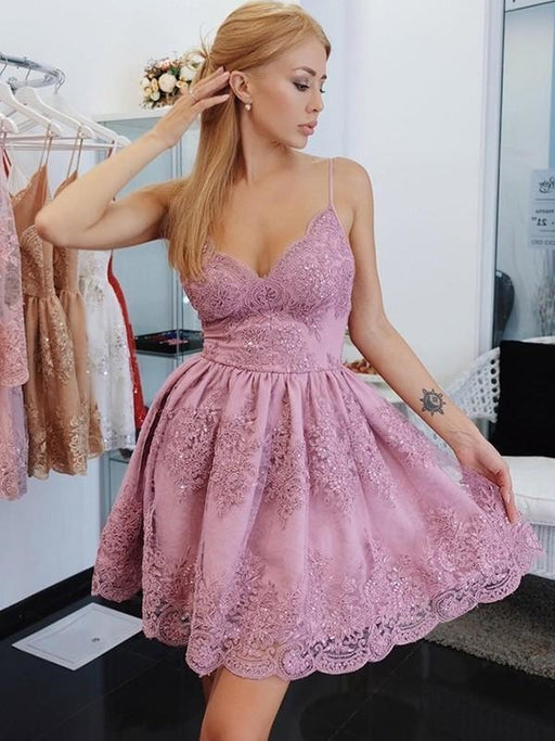 Bridelily A-Line Sleeveless Spaghetti Straps Lace With Beading Short/Mini Dresses - Prom Dresses
