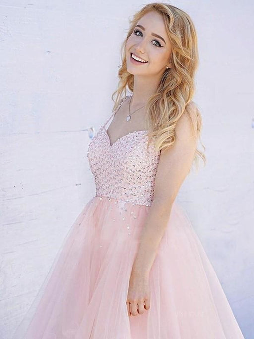 Bridelily A-Line Sleeveless Straps Tulle With Beading Short/Mini Prom Dresses - Prom Dresses