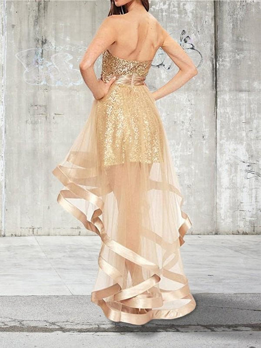 Bridelily A-Line Sleeveless Sweetheart Asymmetrical Sequin Organza Dresses - Prom Dresses